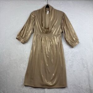 Soda Blu Matte Gold Dress Small Cowl Neck 3/4 Sleeve Empire Waist